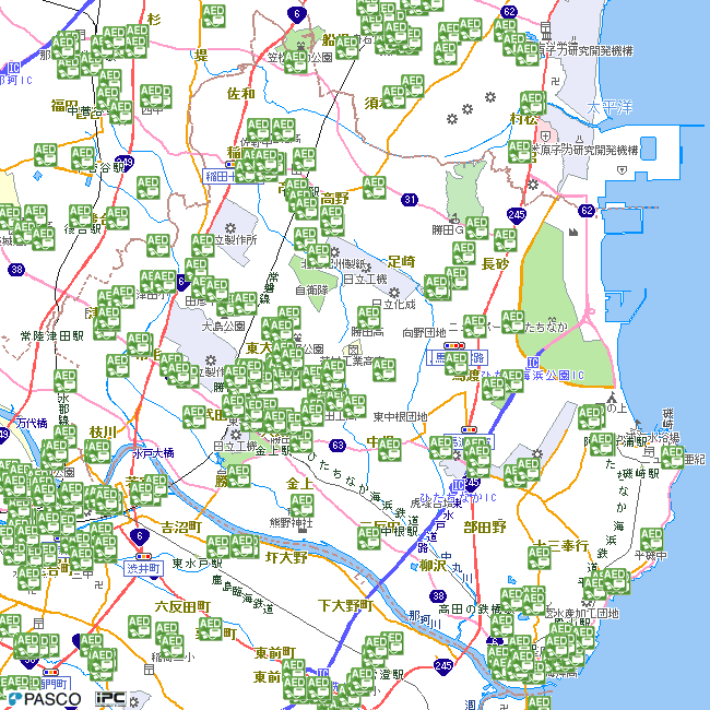 地図：AED設置場所（出典：いばらきデジタルマップ）