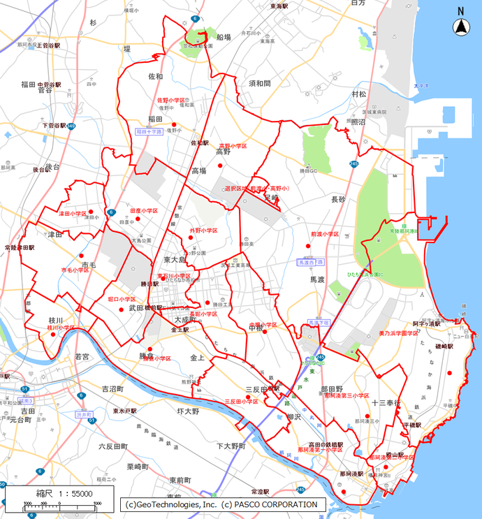 地図：赤の丸が小学校の所在地、赤の線が小学校の通学区域