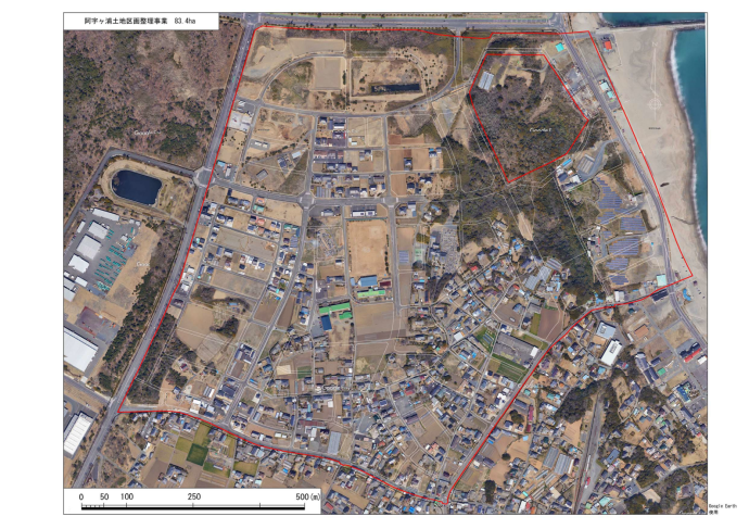 阿字ヶ浦土地区画整理事業の地区全体の区域図の写真