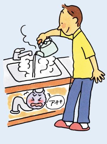 イラスト：キッチンのシンクに熱湯を流す様子