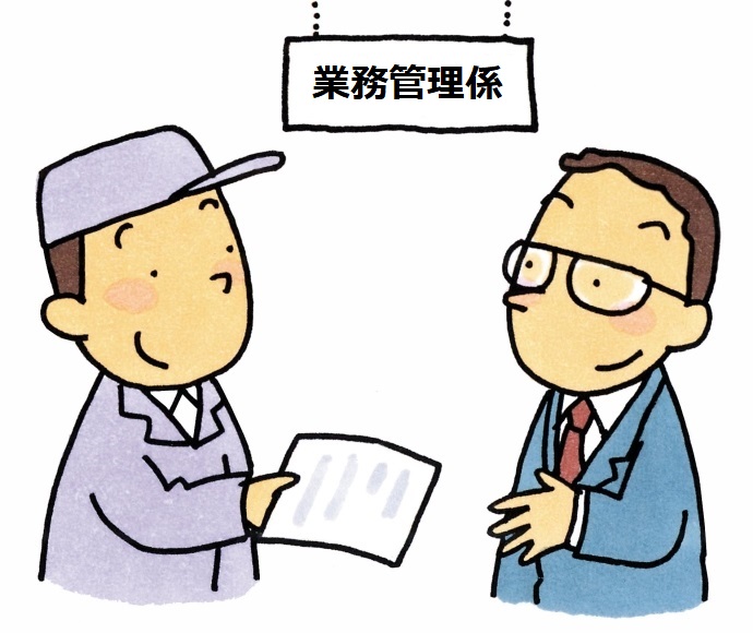 イラスト：排水設備係に届出書を提出する様子