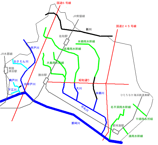 地図：ひたちなか市内の主な河川と雨水幹線