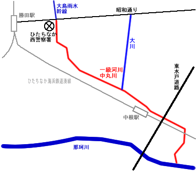 ひたちなか海浜鉄道湊線中根駅のそばを流れる一級河川中丸川の地図