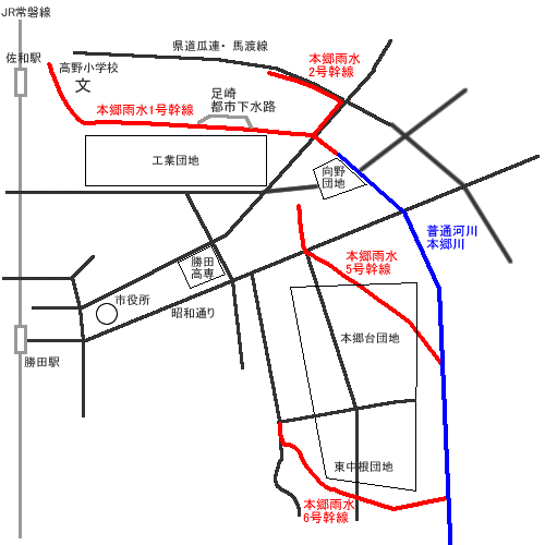 本郷川、本郷雨水幹線の地図
