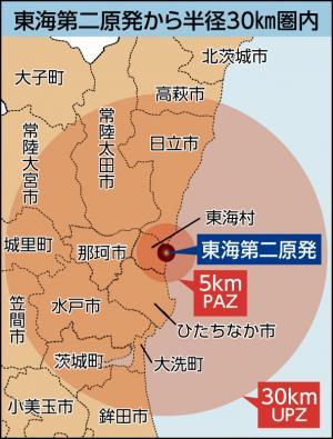 イラスト：東海第二原発から半径30km（キロメートル）圏内