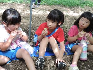 写真：友達と一緒にぶどうを食べる年長女児
