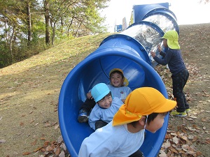 写真：友達と一緒にすべり台を楽しんでいる幼稚園児の様子