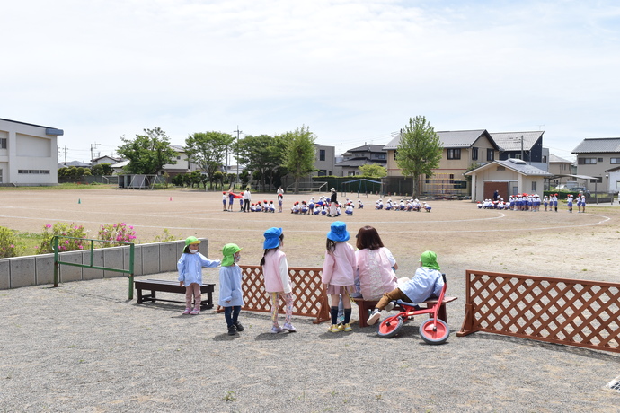 園児と先生が小学校の運動会を見ている