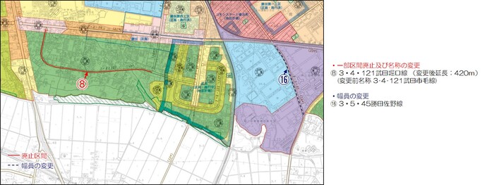 地図:堀口・市毛等地区 都市計画道路の変更