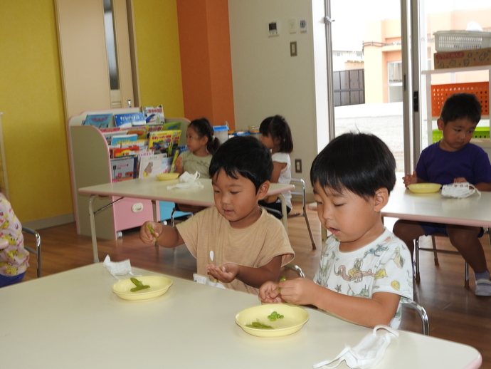 男の子が二人並んで枝豆を食べている。