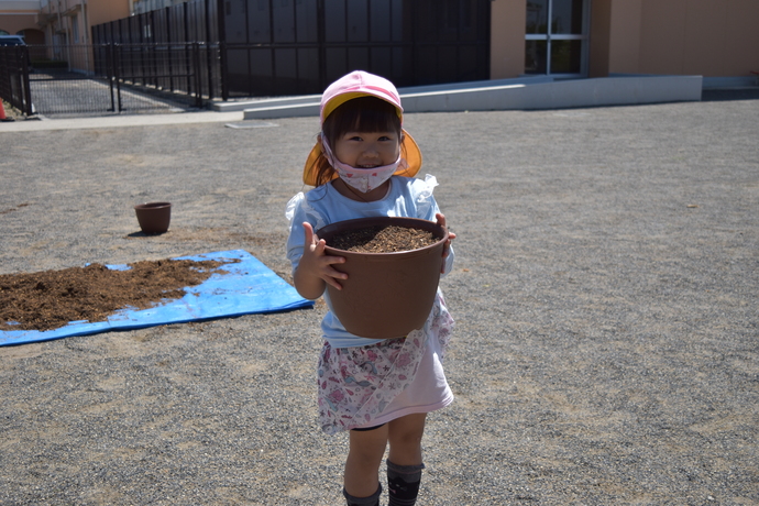 植木鉢を持ち上げる園児