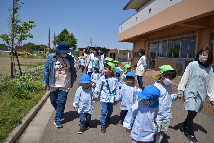 みんなで手をつないで小学校の校舎前を歩く園児たち