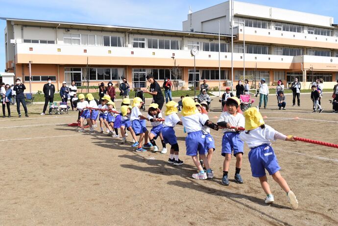 綱引きをする園児達