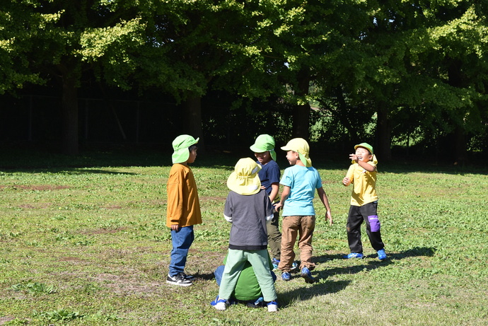 芝生で集まって相談する園児