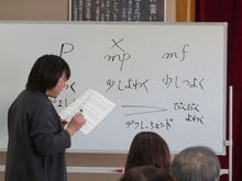 写真：講師が音符の強弱記号について説明している様子