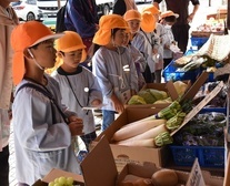 八百屋で買い物をする園児たち