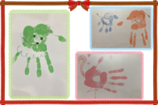 犬、ゾウ、フラミンゴの手形アートの写真