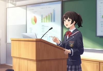 英語でプレゼンする女子中学生