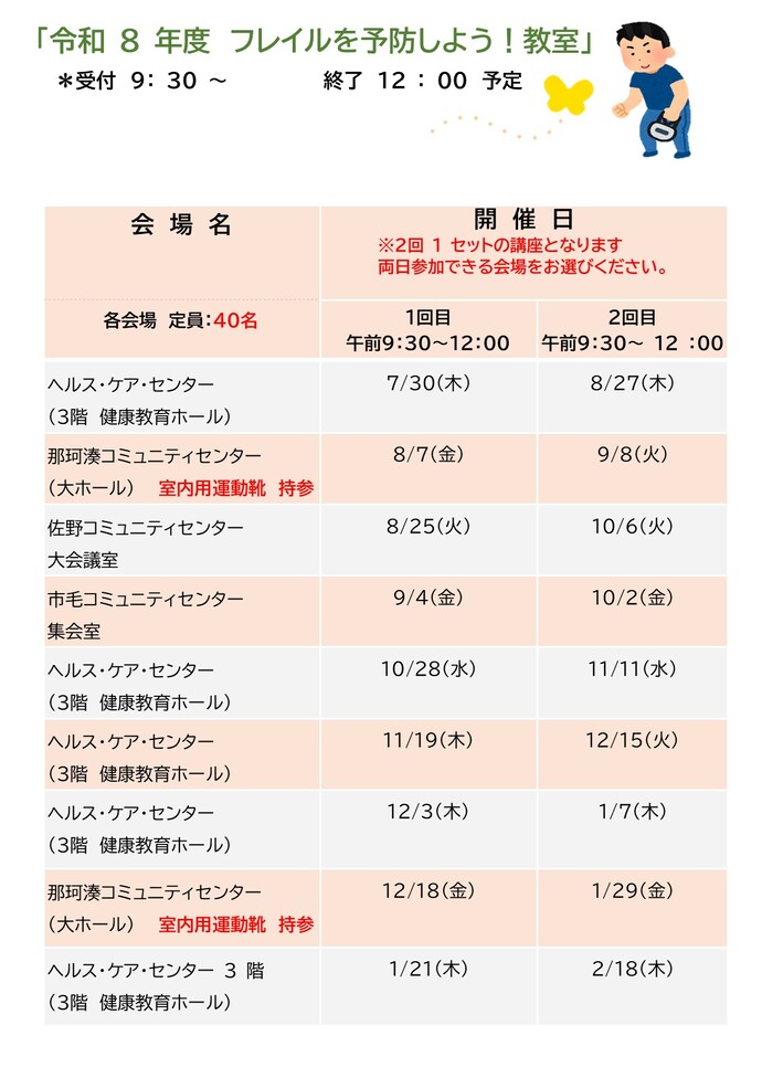 令和8年度フレイル予防教室チラシ裏（日程・会場一覧）